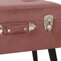 Comodino Sgabello Contenitore rosa imbottito in velluto a coste con gambe nere a forma di valigia con bottoni