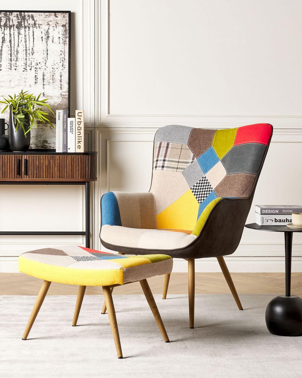Sedia Wingback con tessuto ottomana Multicolore abbottonato in stile retrò patchwork