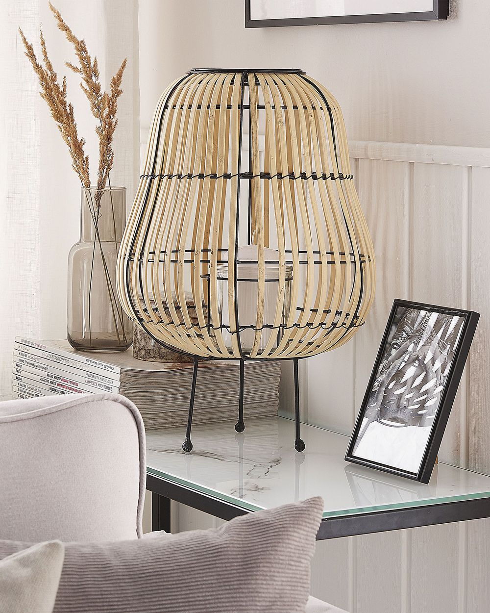 Lanterna in legno di salice marrone chiaro 44 cm con decorato portacandele in piedi