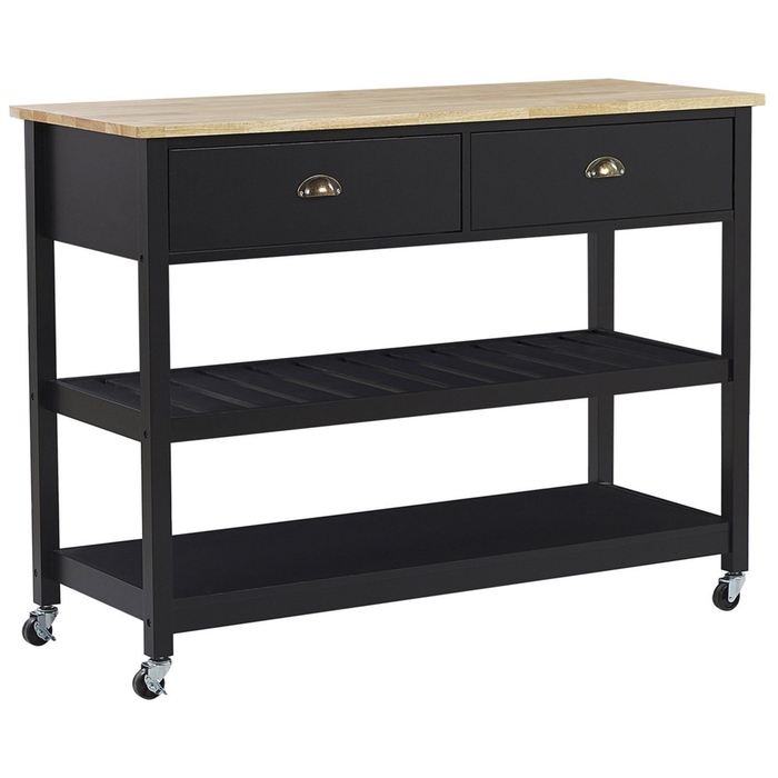 Carrello Cucina Nero Legno Chiaro Piano 2 Ripiani 2 Posate Cassetti Rotelle Scandinavo Moderno