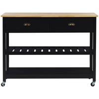 Carrello Cucina Nero Legno Chiaro Piano 2 Ripiani 2 Posate Cassetti Rotelle Scandinavo Moderno