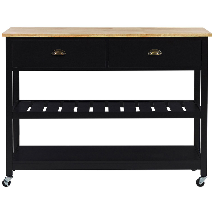 Carrello Cucina Nero Legno Chiaro Piano 2 Ripiani 2 Posate Cassetti Rotelle Scandinavo Moderno