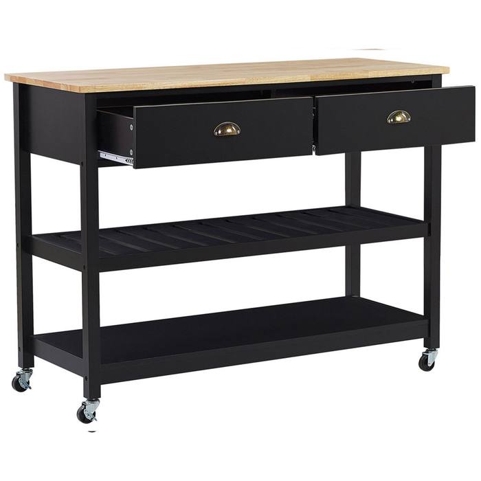 Carrello Cucina Nero Legno Chiaro Piano 2 Ripiani 2 Posate Cassetti Rotelle Scandinavo Moderno