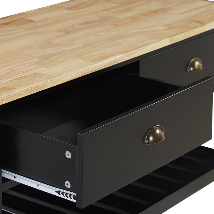 Carrello Cucina Nero Legno Chiaro Piano 2 Ripiani 2 Posate Cassetti Rotelle Scandinavo Moderno