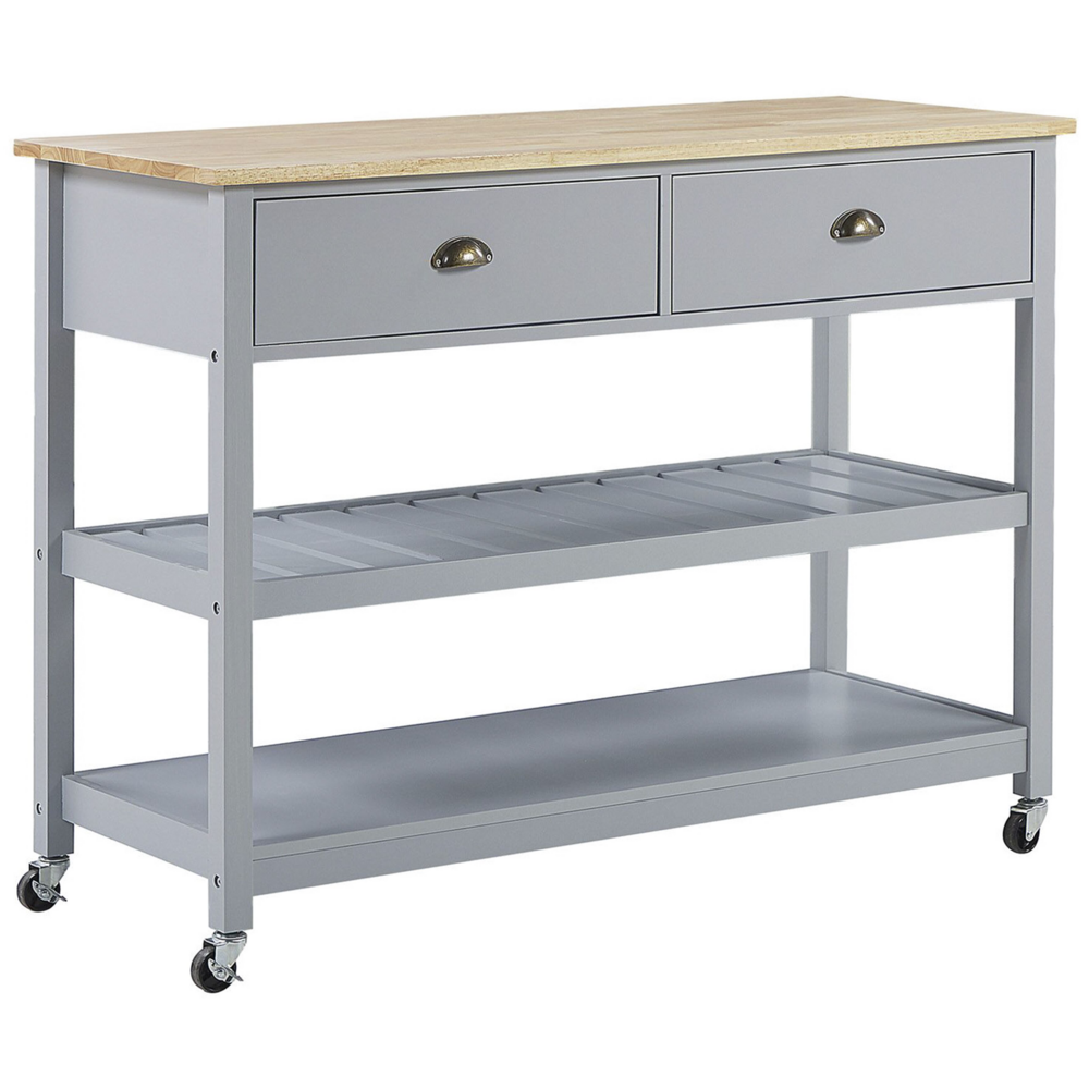 Carrello Cucina Grigio Legno Chiaro Piano 2 Ripiani 2 Posate Cassetti Rotelle Scandinavo Moderno