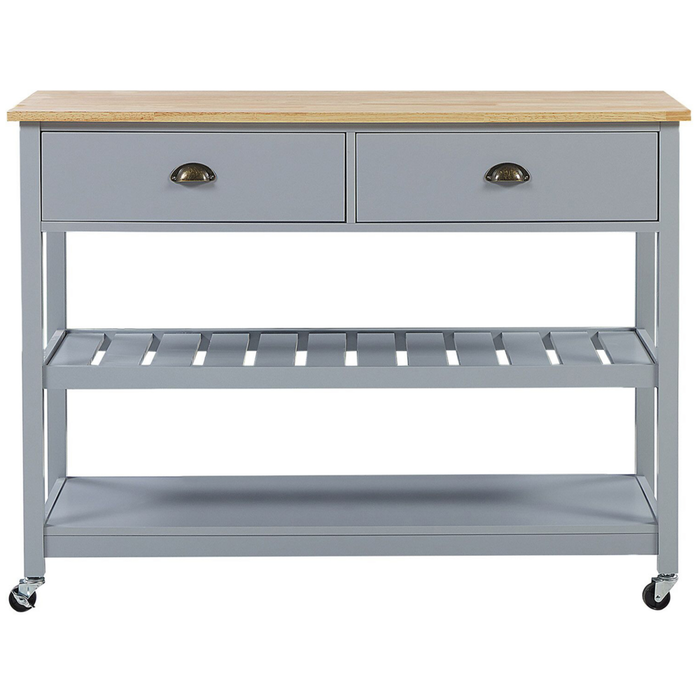 Carrello Cucina Grigio Legno Chiaro Piano 2 Ripiani 2 Posate Cassetti Rotelle Scandinavo Moderno