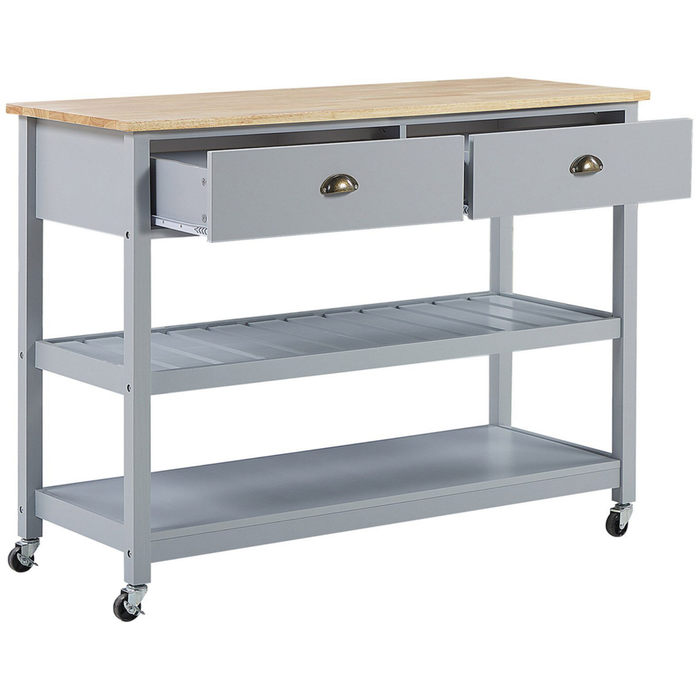 Carrello Cucina Grigio Legno Chiaro Piano 2 Ripiani 2 Posate Cassetti Rotelle Scandinavo Moderno
