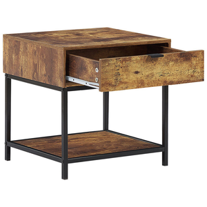 Tavolino Laterale Legno Scuro Metallo Cornice Nera 1 Cassetto Scaffale Mobili Soggiorno