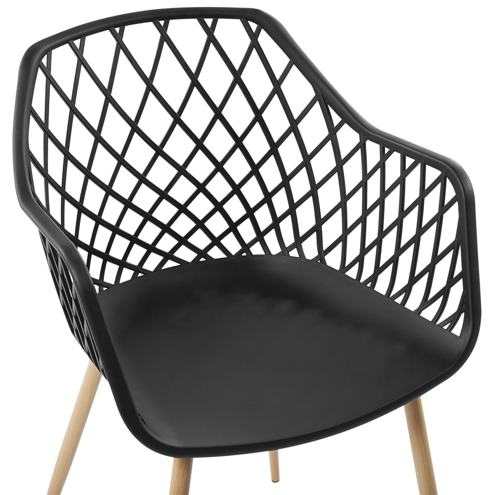 Set di 2 sedie da pranzo Seduta sintetica nera Gambe in metallo in legno chiaro Schienale aperto in rete Soggiorno moderno Stile scandinavo