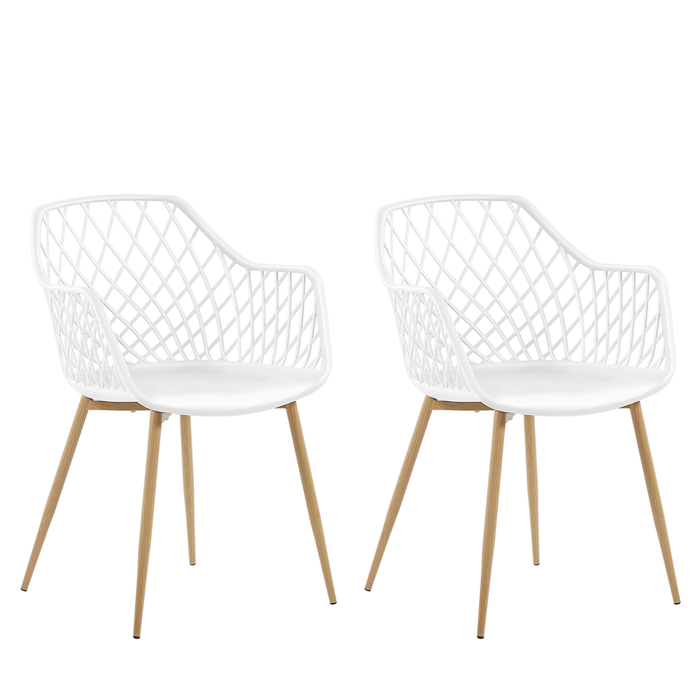Set di 2 sedie da pranzo Seduta sintetica bianca Gambe in metallo in legno chiaro Schienale aperto in rete Soggiorno moderno Stile scandinavo