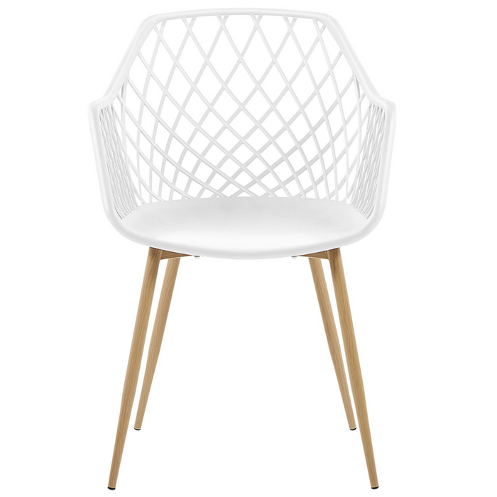 Set di 2 sedie da pranzo Seduta sintetica bianca Gambe in metallo in legno chiaro Schienale aperto in rete Soggiorno moderno Stile scandinavo