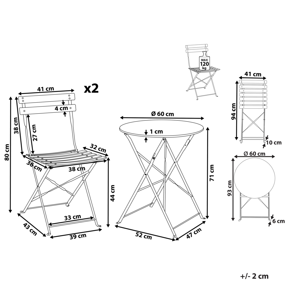 Set da bistrot da 3 pezzi con schienale a doghe pieghevole in metallo rosso per esterni