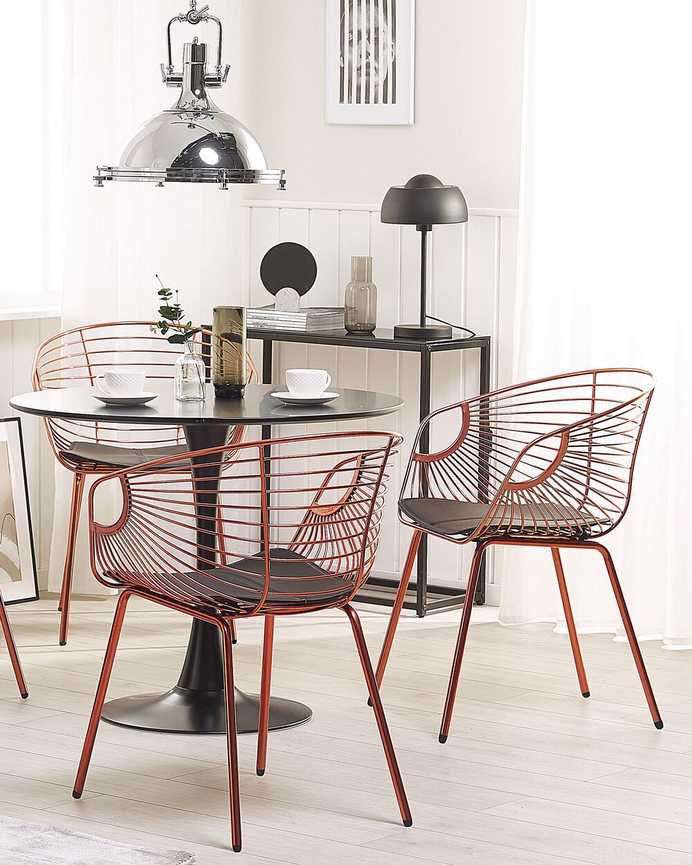 Set di 2 sedie da pranzo in filo metallico rosso rame design ecopelle Nero cuscino del sedile Glam Industrial Modern