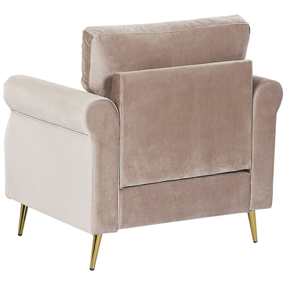 Poltrona Taupe Tessuto Velluto Rivestimento Gambe In Metallo dorato Cuscini Seduta E Schienale Sfoderabili Stile Retrò Glam