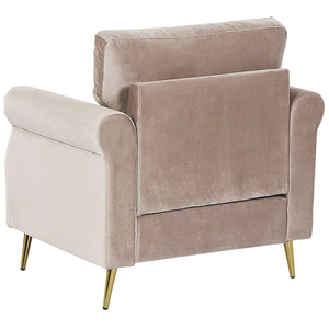 Poltrona Taupe Tessuto Velluto Rivestimento Gambe In Metallo dorato Cuscini Seduta E Schienale Sfoderabili Stile Retrò Glam