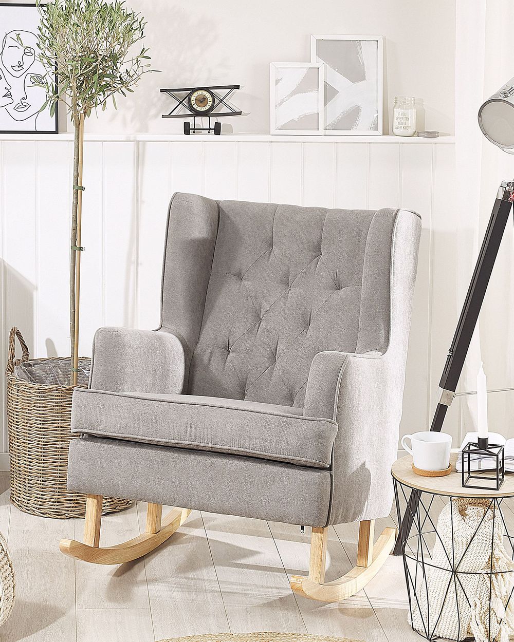 Sedia a Dondolo in Tessuto Grigio Chiaro Solido in Legno Pattini Classici