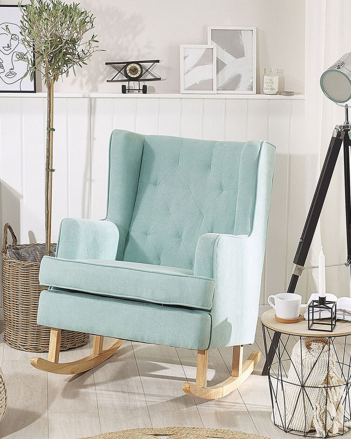 Sedia A Dondolo In Tessuto Verde Menta Pattini In Legno Massello Classico