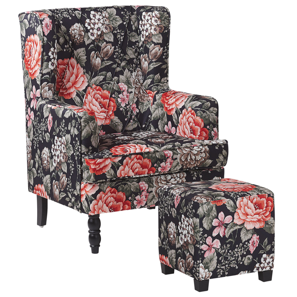 Poltrona con poggiapiedi in tessuto Nero motivo floreale gambe in legno stile Wingback