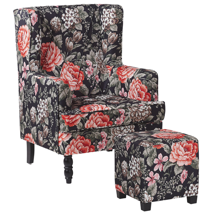 Poltrona con poggiapiedi in tessuto Nero motivo floreale gambe in legno stile Wingback