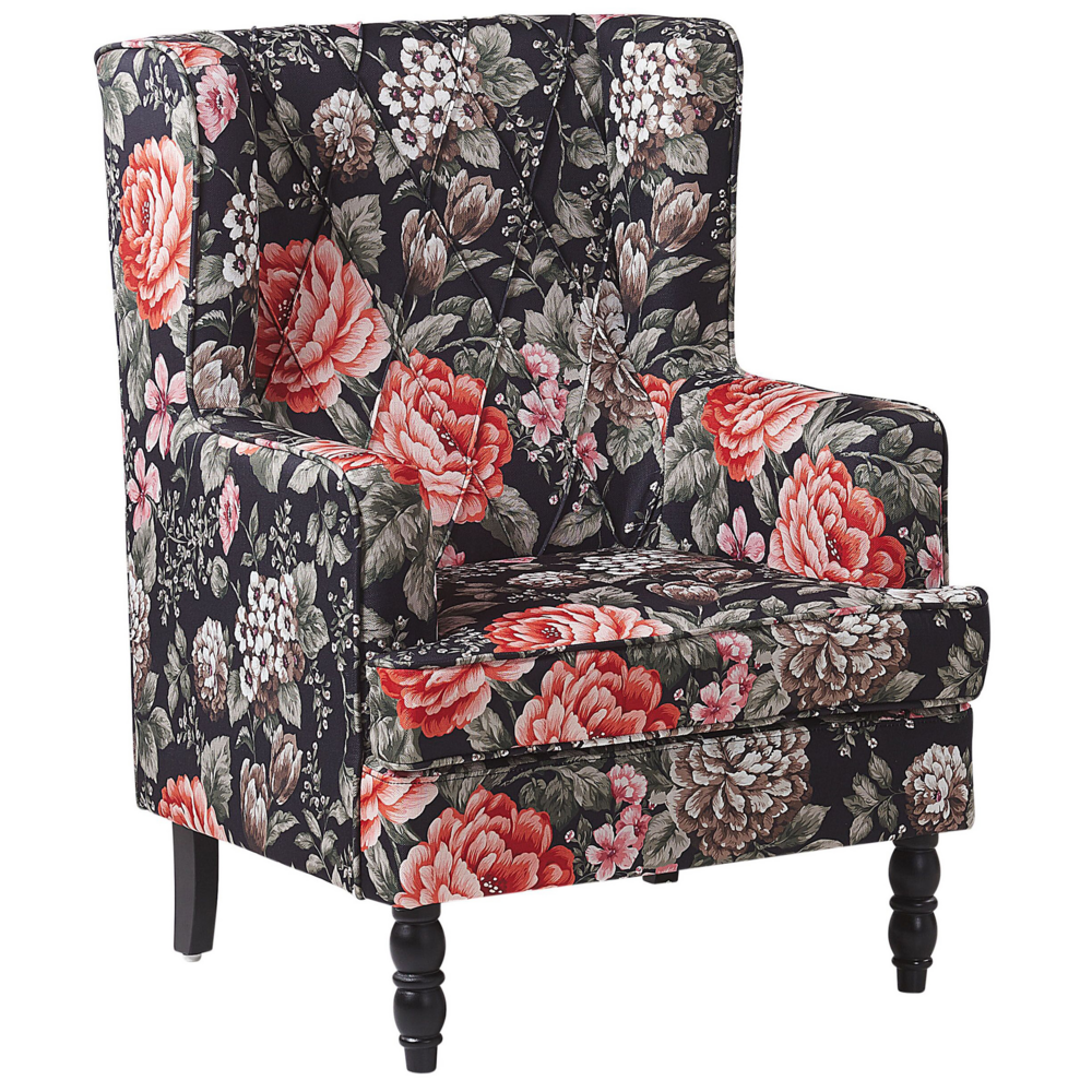 Poltrona con poggiapiedi in tessuto Nero motivo floreale gambe in legno stile Wingback