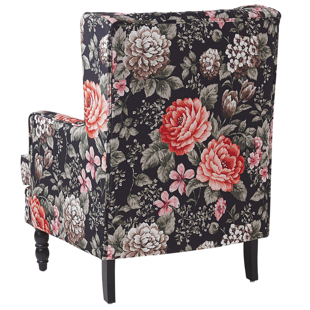 Poltrona con poggiapiedi in tessuto Nero motivo floreale gambe in legno stile Wingback