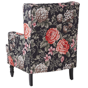 Poltrona con poggiapiedi in tessuto Nero motivo floreale gambe in legno stile Wingback