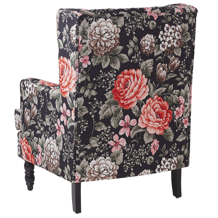 Poltrona con poggiapiedi in tessuto Nero motivo floreale gambe in legno stile Wingback