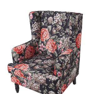 Poltrona con poggiapiedi in tessuto Nero motivo floreale gambe in legno stile Wingback
