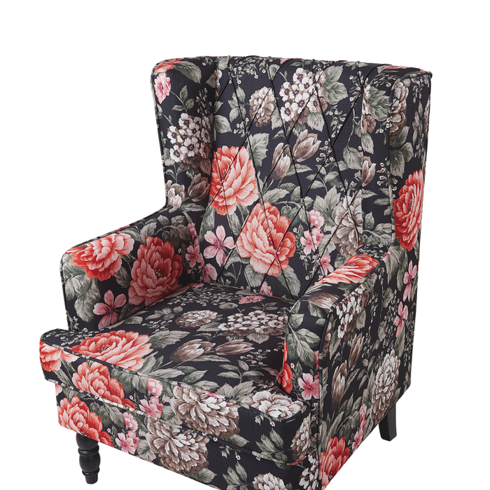 Poltrona con poggiapiedi in tessuto Nero motivo floreale gambe in legno stile Wingback