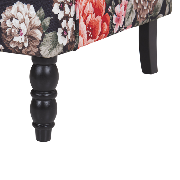 Poltrona con poggiapiedi in tessuto Nero motivo floreale gambe in legno stile Wingback