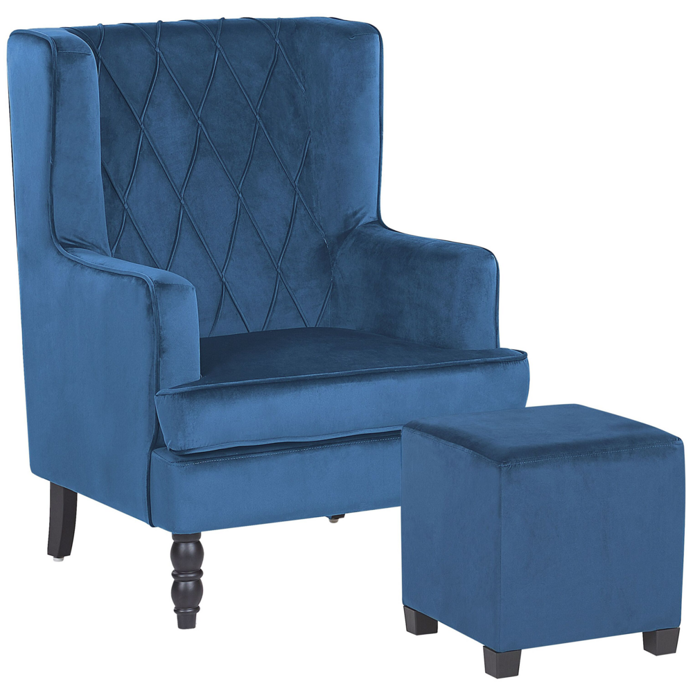 Poltrona con Poggiapiedi Tessuto Velluto Blu Gambe in Legno Stile Wingback