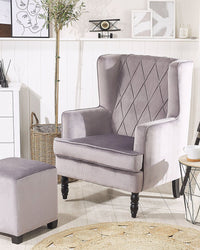 Poltrona con poggiapiedi Tessuto in velluto grigio Gambe in legno Stile Wingback