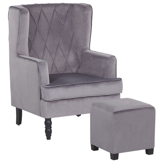 Poltrona con poggiapiedi Tessuto in velluto grigio Gambe in legno Stile Wingback
