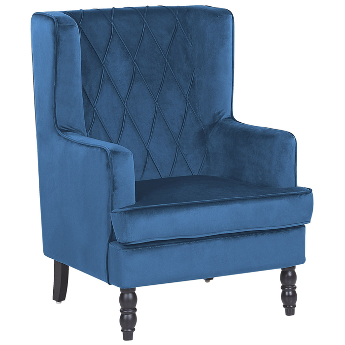 Poltrona con Poggiapiedi Tessuto Velluto Blu Gambe in Legno Stile Wingback