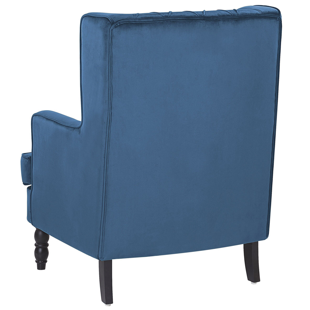 Poltrona con Poggiapiedi Tessuto Velluto Blu Gambe in Legno Stile Wingback