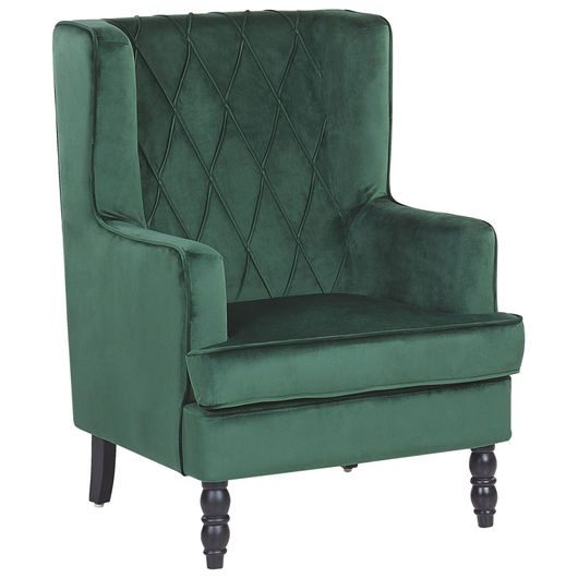 Poltrona con Poggiapiedi Tessuto Velluto Verde Gambe in Legno Stile Wingback