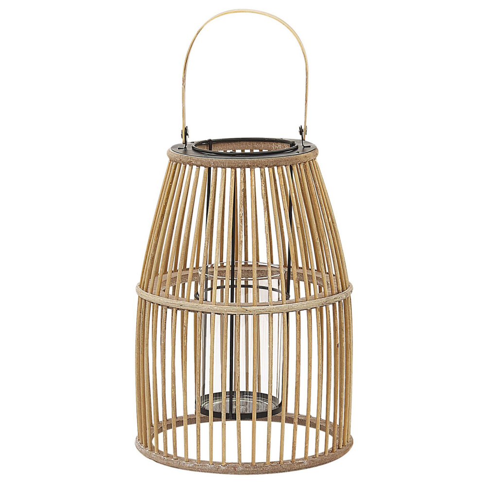 Lanterna in legno di bambù beige 32 cm con supporto in vetro stile boho per interni ed esterni