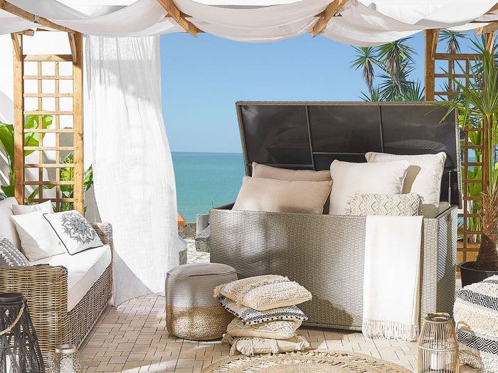 Cesta baule portaoggetti per esterni Cuscino da giardino in finto rattan beige 155 x 75 cm