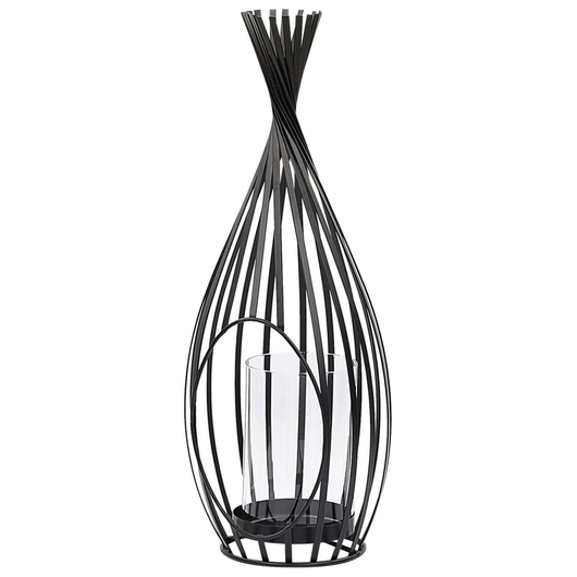 Lanterna in metallo Nero 38 cm portacandele traforato con inserto in vetro industriale