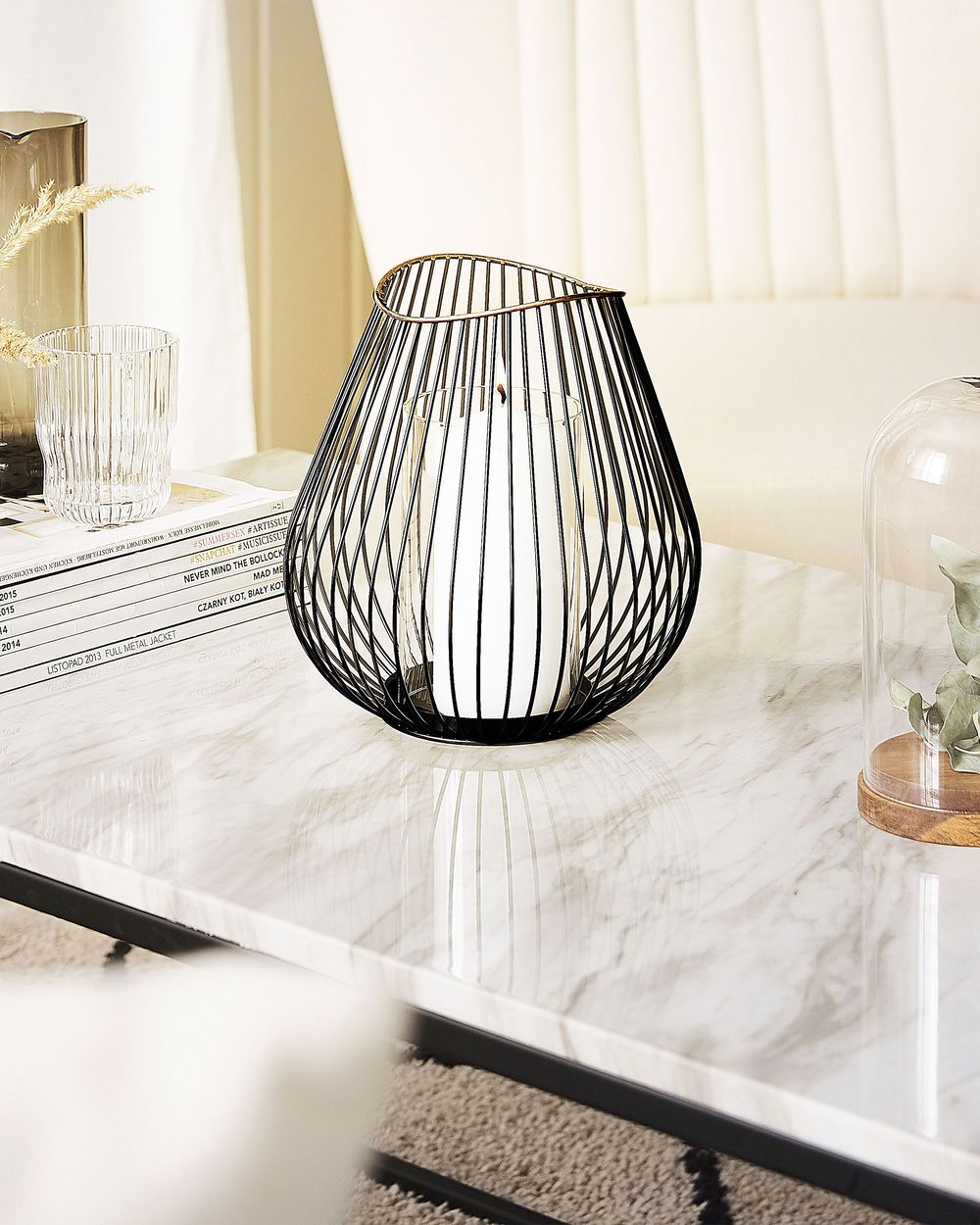 Lanterna in Metallo Nero e dorato 22 cm con decorazione Portacandele Inserto in Vetro