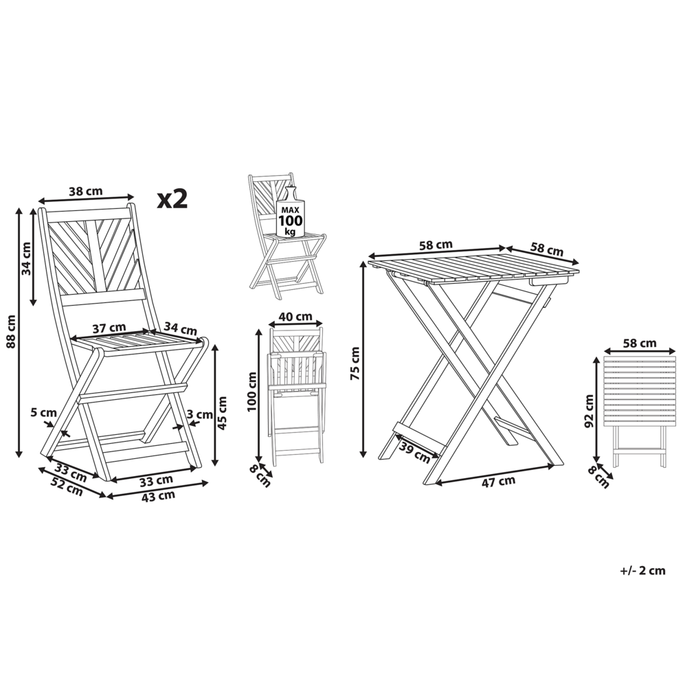 Set da bistrot 3 pezzi in acacia massiccio chiaro 2 sedie e tavolo da tè pieghevole a doghe