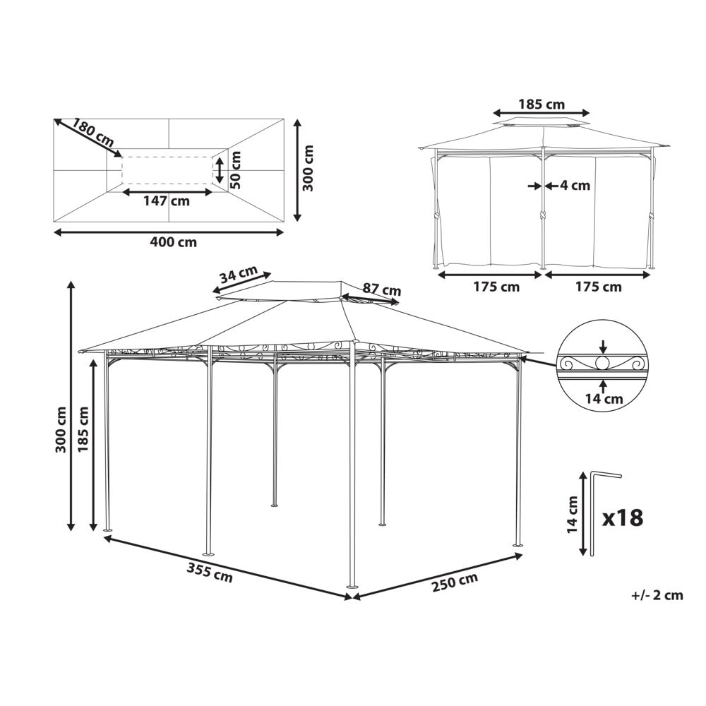 Gazebo Tessuto Beige Struttura in Acciaio Nero 300 x 400 cm Tende da Giardino