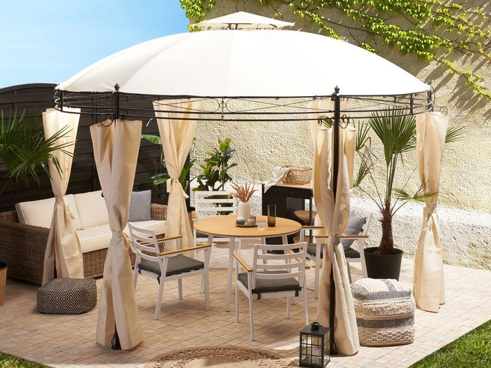 Gazebo Tessuto Beige Telaio Acciaio Nero Rotondo 368 cm Tende da Giardino