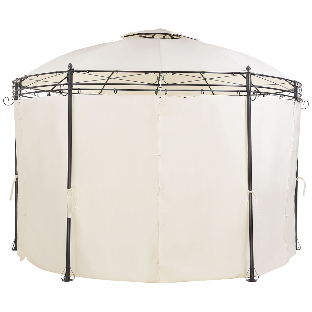 Gazebo Tessuto Beige Telaio Acciaio Nero Rotondo 368 cm Tende da Giardino