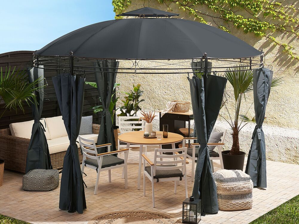 Gazebo Tessuto Grigio Scuro Telaio Acciaio Nero Rotondo 368 cm Tende da Giardino