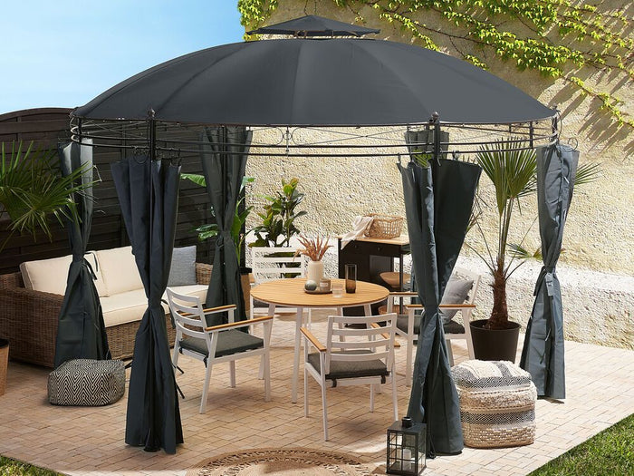 Gazebo Tessuto Grigio Scuro Telaio Acciaio Nero Rotondo 368 cm Tende da Giardino