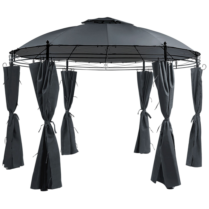 Gazebo Tessuto Grigio Scuro Telaio Acciaio Nero Rotondo 368 cm Tende da Giardino