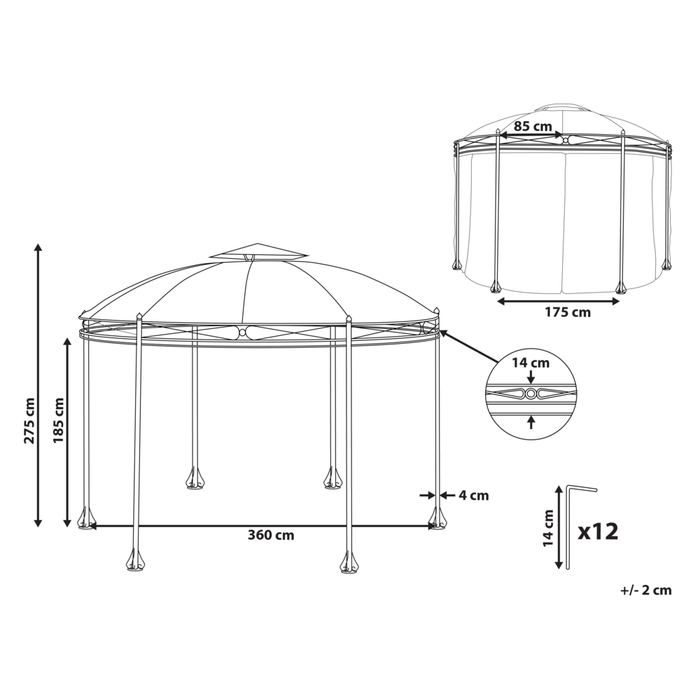 Gazebo Tessuto Grigio Scuro Telaio Acciaio Nero Rotondo 368 cm Tende da Giardino