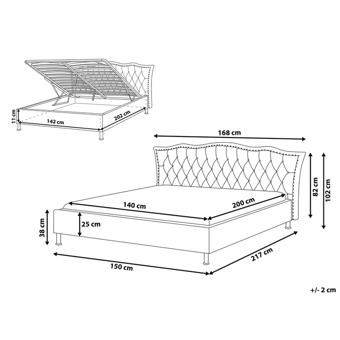 Letto matrimoniale 140 x 200 cm tessuto grigio scuro struttura imbottita finiture per la testa dei chiodi bottoni cristallo poggiatesta