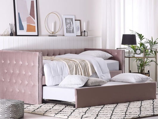 Letto da giorno estraibile Rosa Velluto Taglia unica 90 x 200 con rete a doghe con bottoni abbottonati Rifiniture Glam
